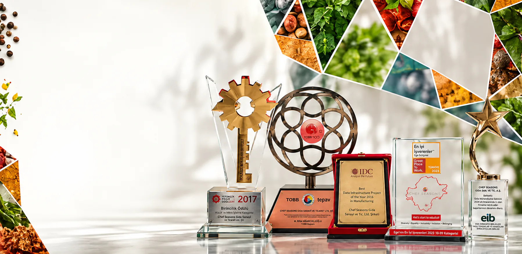 Chef Seasons trophies and plaques: Productivity Project Award 2017, TOBB, IDC, Great Place to Work and EİB awards