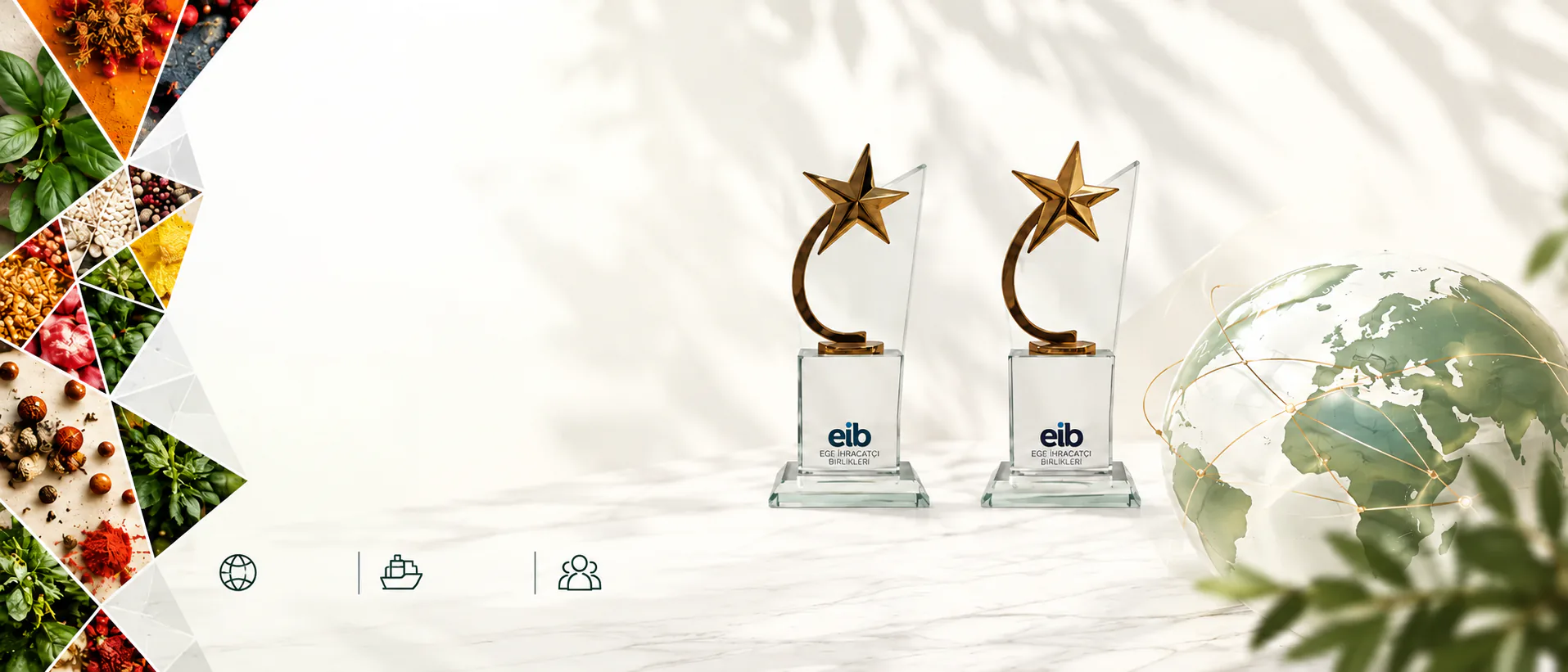 Two EİB Export Awards trophies in front of a globe