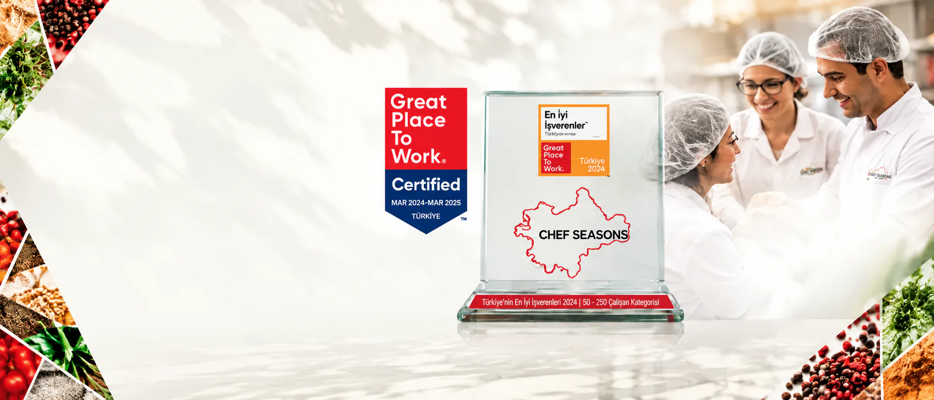 The Great Place to Work Certified badge and Best Employers trophy beside Chef Seasons team members in a production kitchen