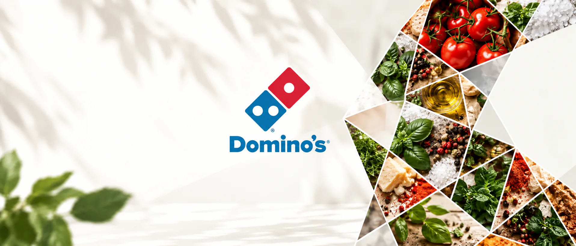 The Domino’s logo within a collage of tomatoes, herbs, salt and olive oil