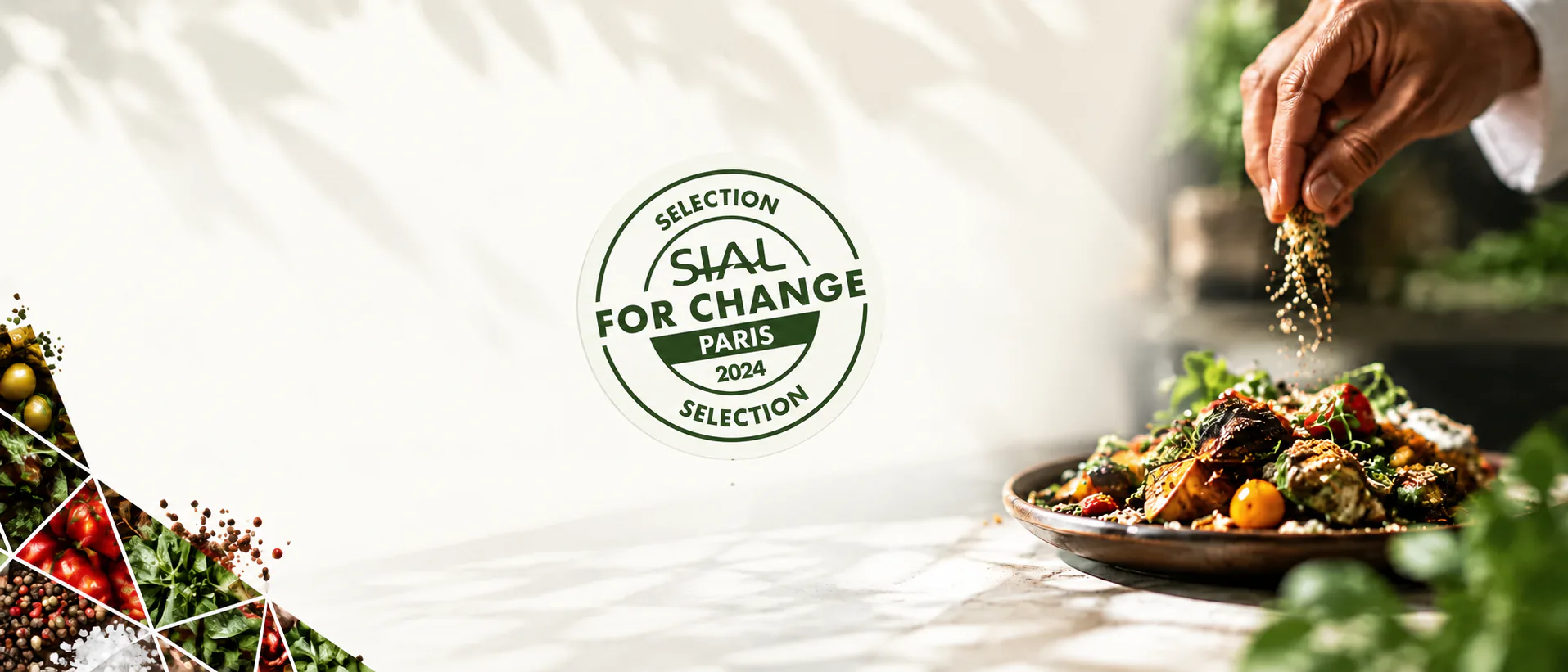 The SIAL For Change Paris 2024 selection seal beside a chef seasoning a plated dish