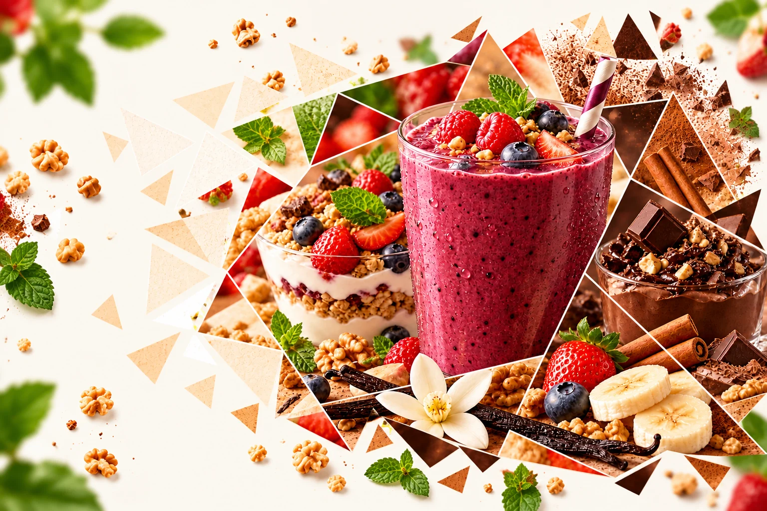 Smoothie, coffee and dessert in a faceted culinary composition