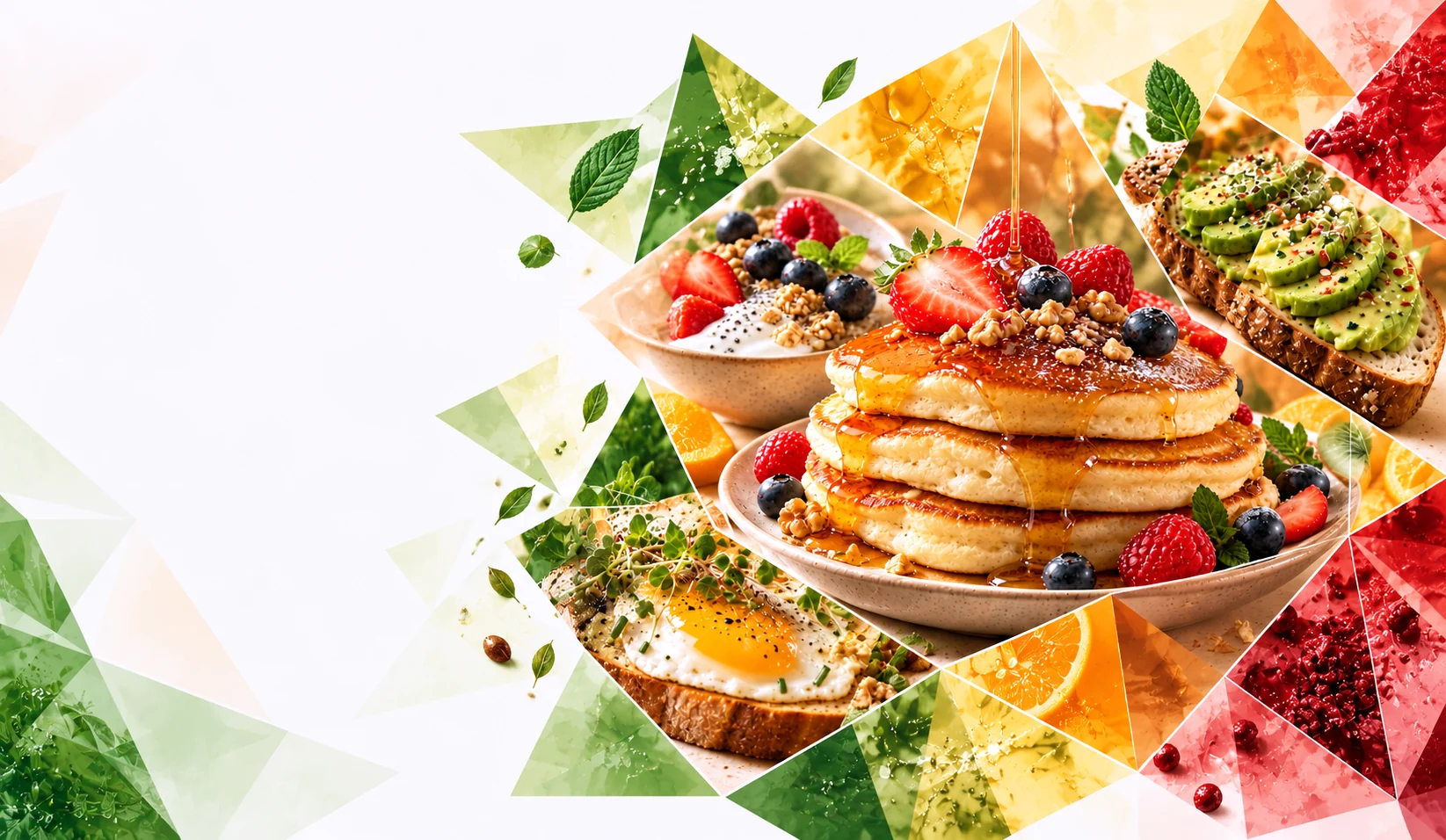 Pancakes, eggs and avocado toast in a faceted culinary composition