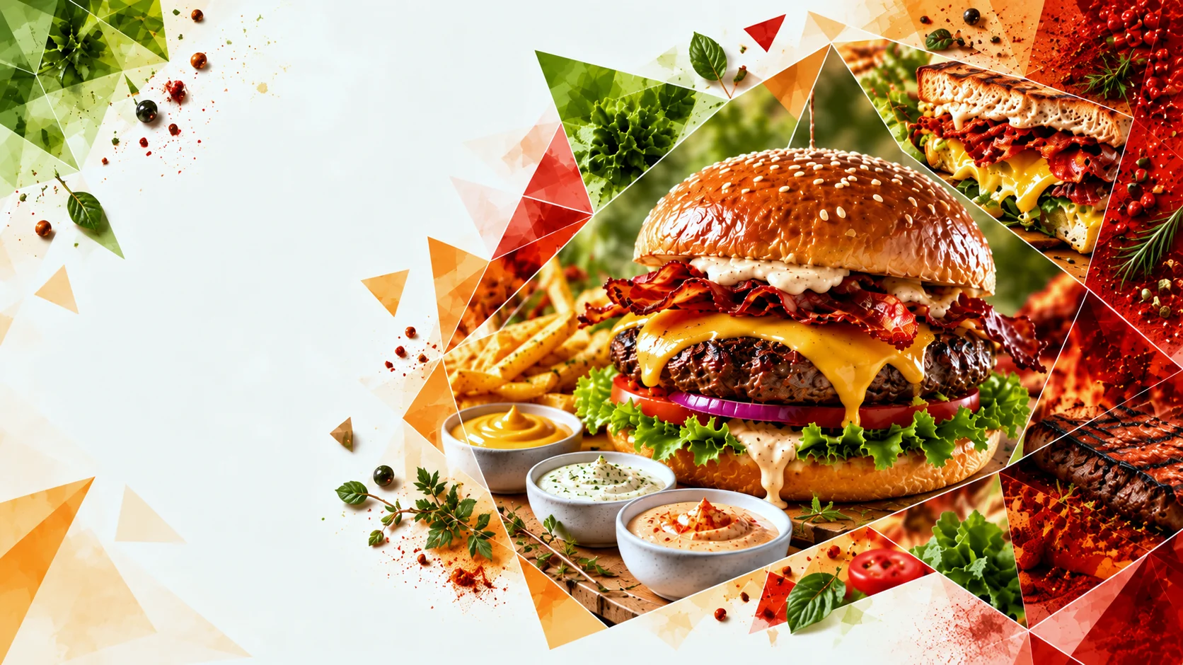 A burger with fries and dips in a faceted culinary composition