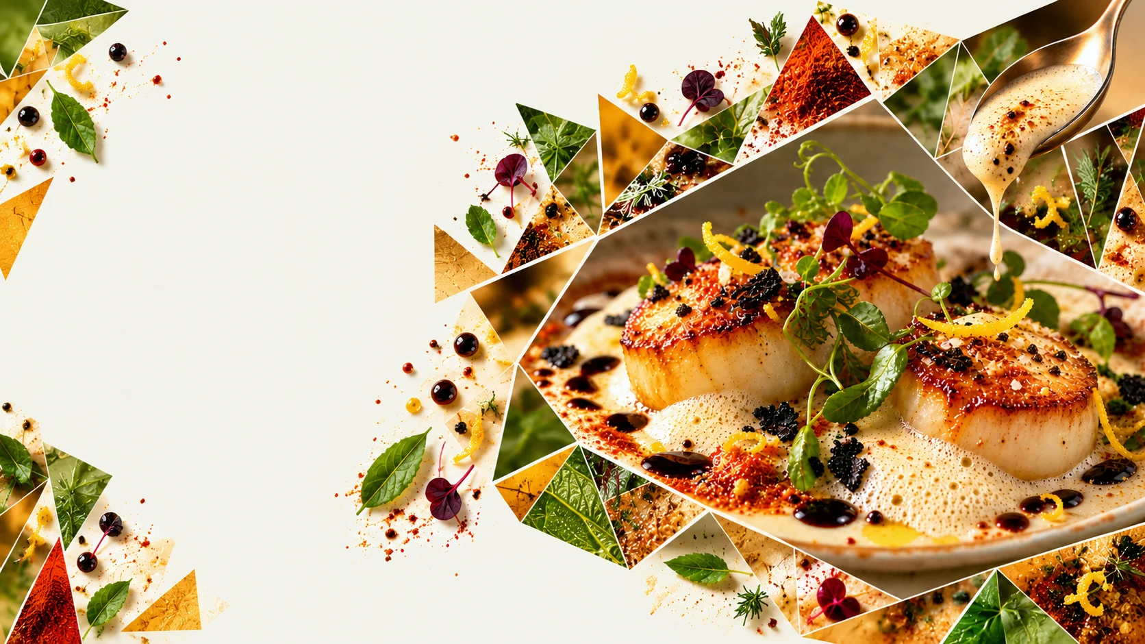 Seared scallops with microgreens in a faceted culinary composition
