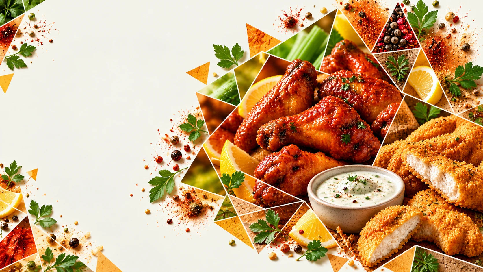 Glazed wings and crispy chicken in a faceted culinary composition
