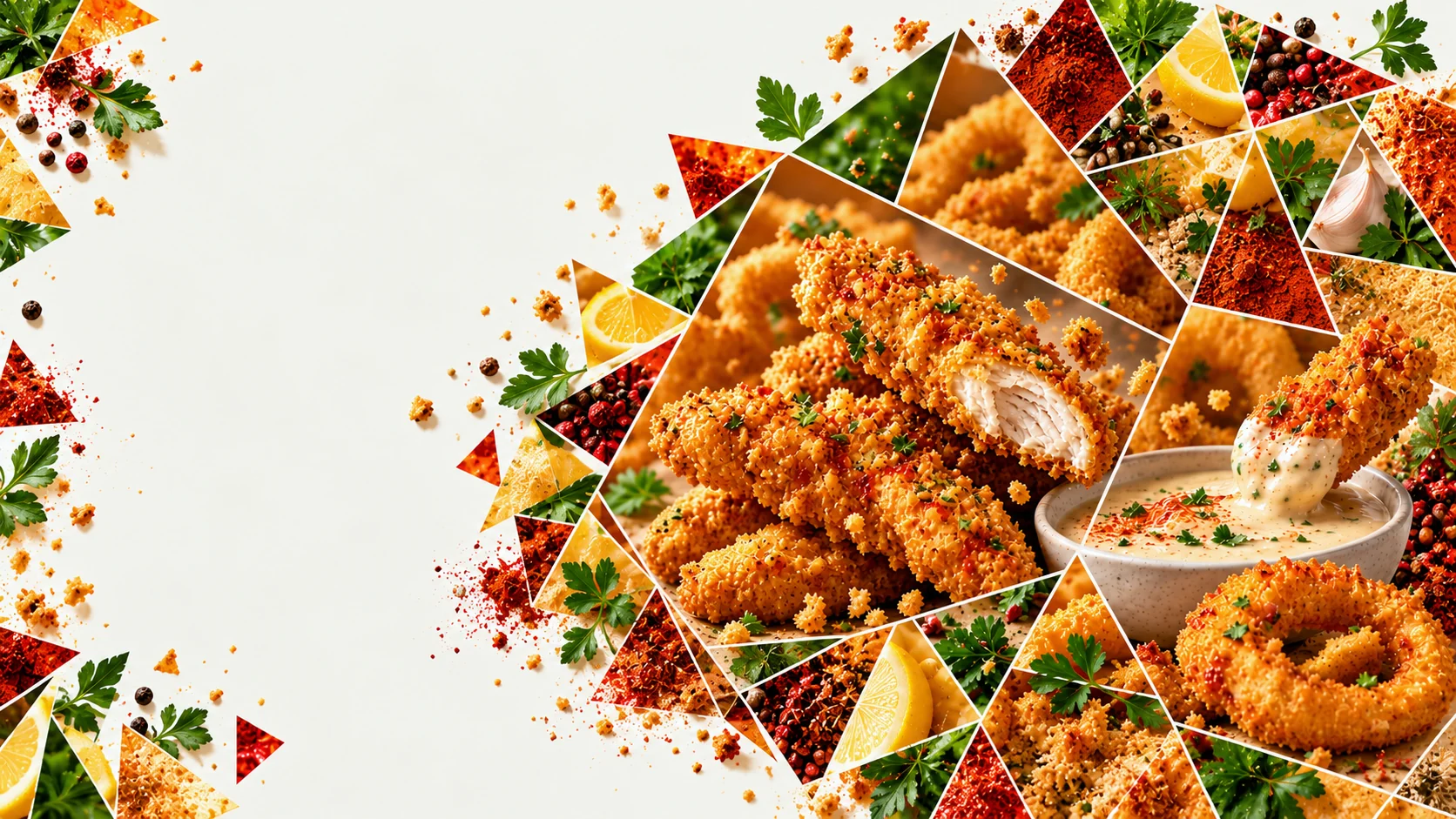 Crispy chicken tenders and onion rings in a faceted culinary composition
