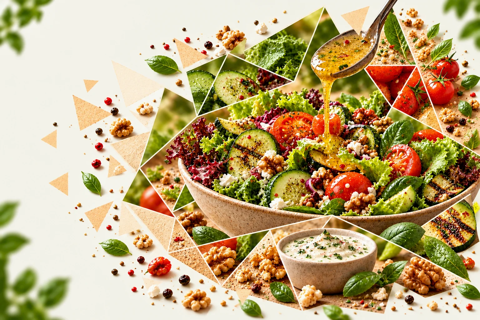 A salad with dressing in a faceted culinary composition