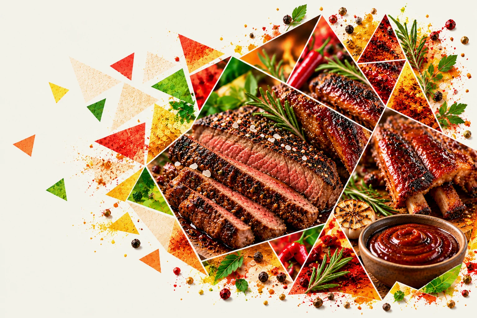 Sliced steak and ribs in a faceted culinary composition