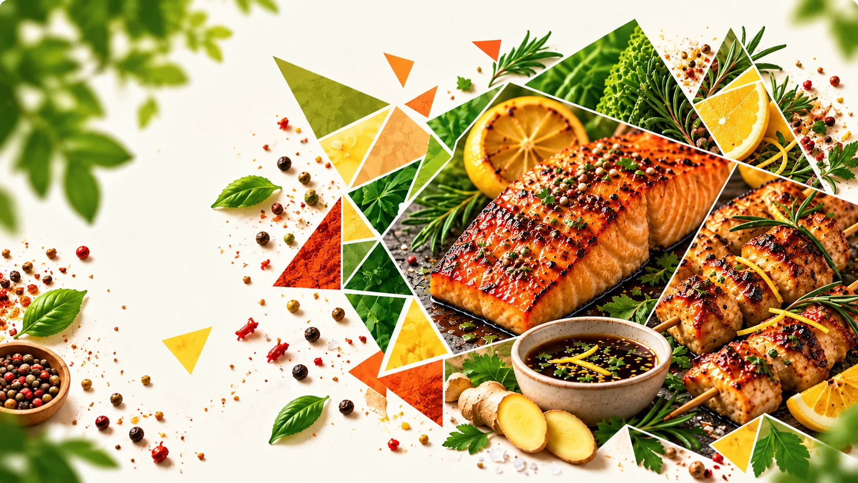 Marinated salmon and chicken in a faceted culinary composition
