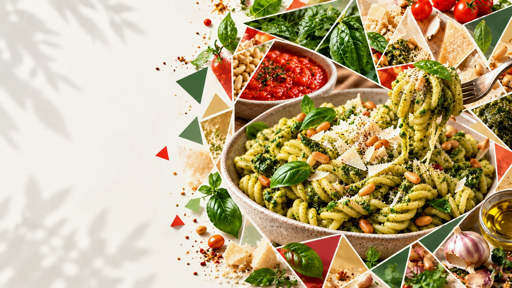 Pesto pasta in a faceted culinary composition