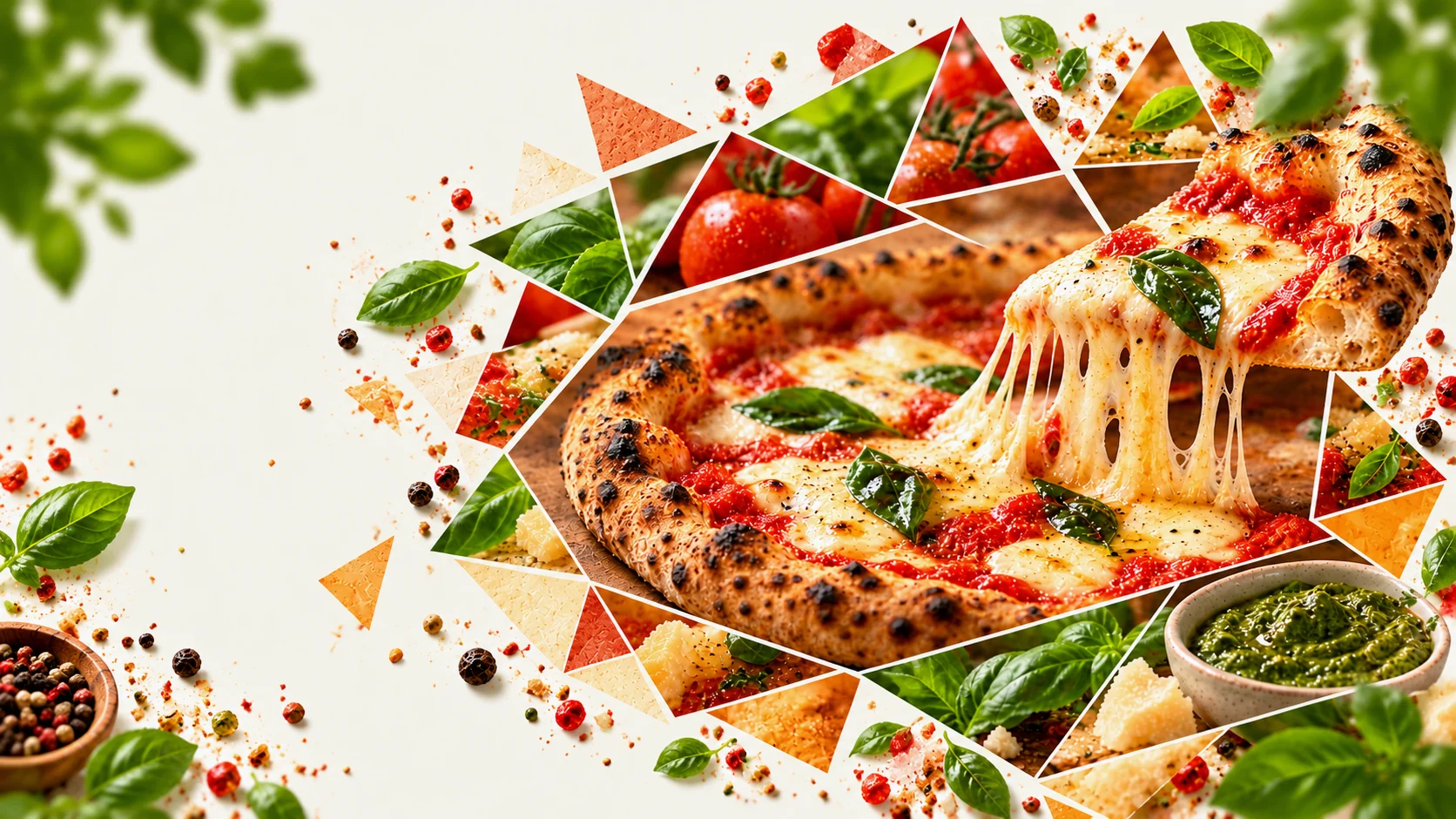 Pizza with melting cheese in a faceted culinary composition