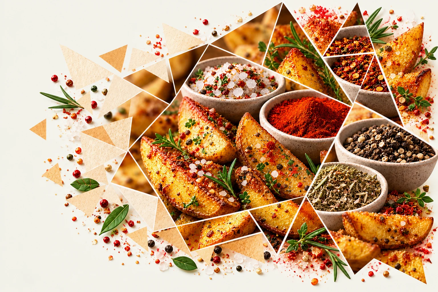 Seasoned potato wedges with spices in a faceted culinary composition