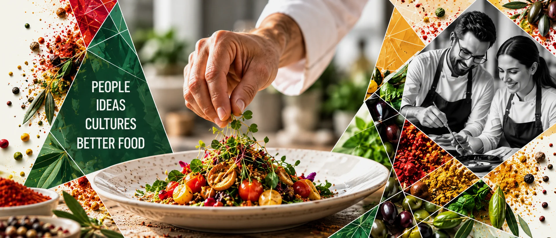 A chef finishing a plated dish beside two cooks, framed by spices and herbs