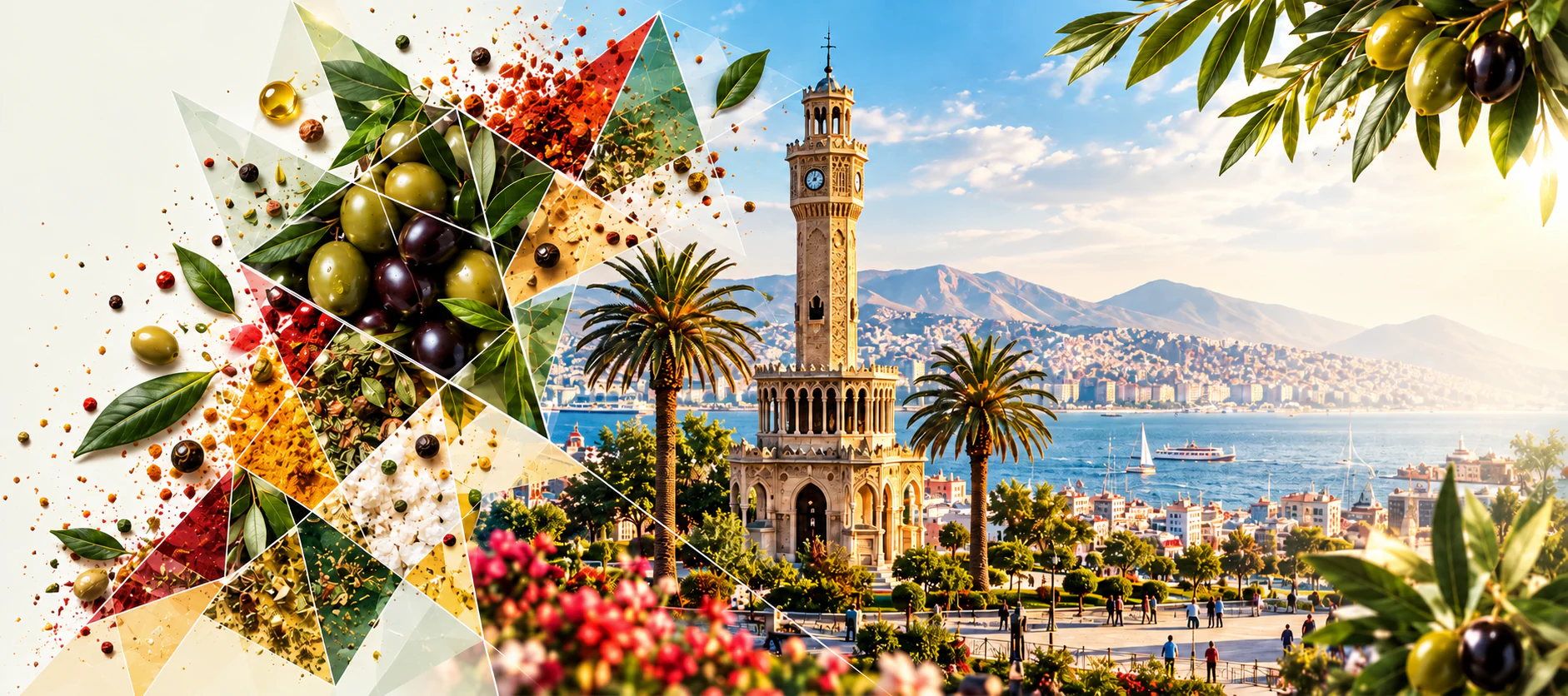 İzmir clock tower and bay framed by olives, spices and herbs