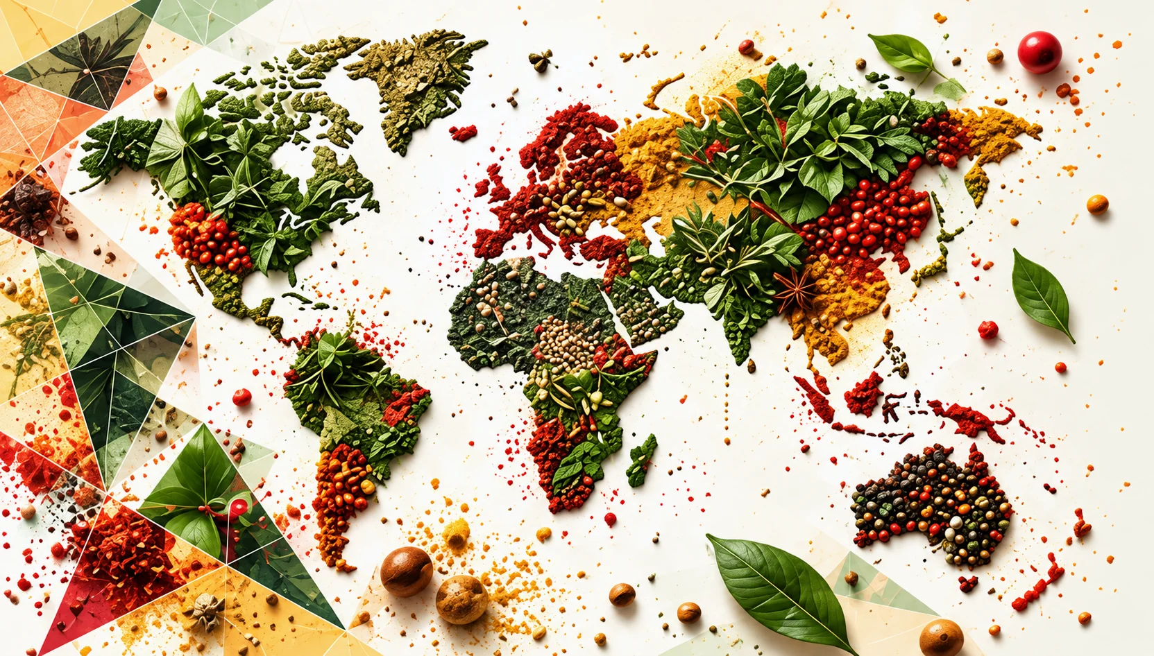 A world map drawn with spices and herbs
