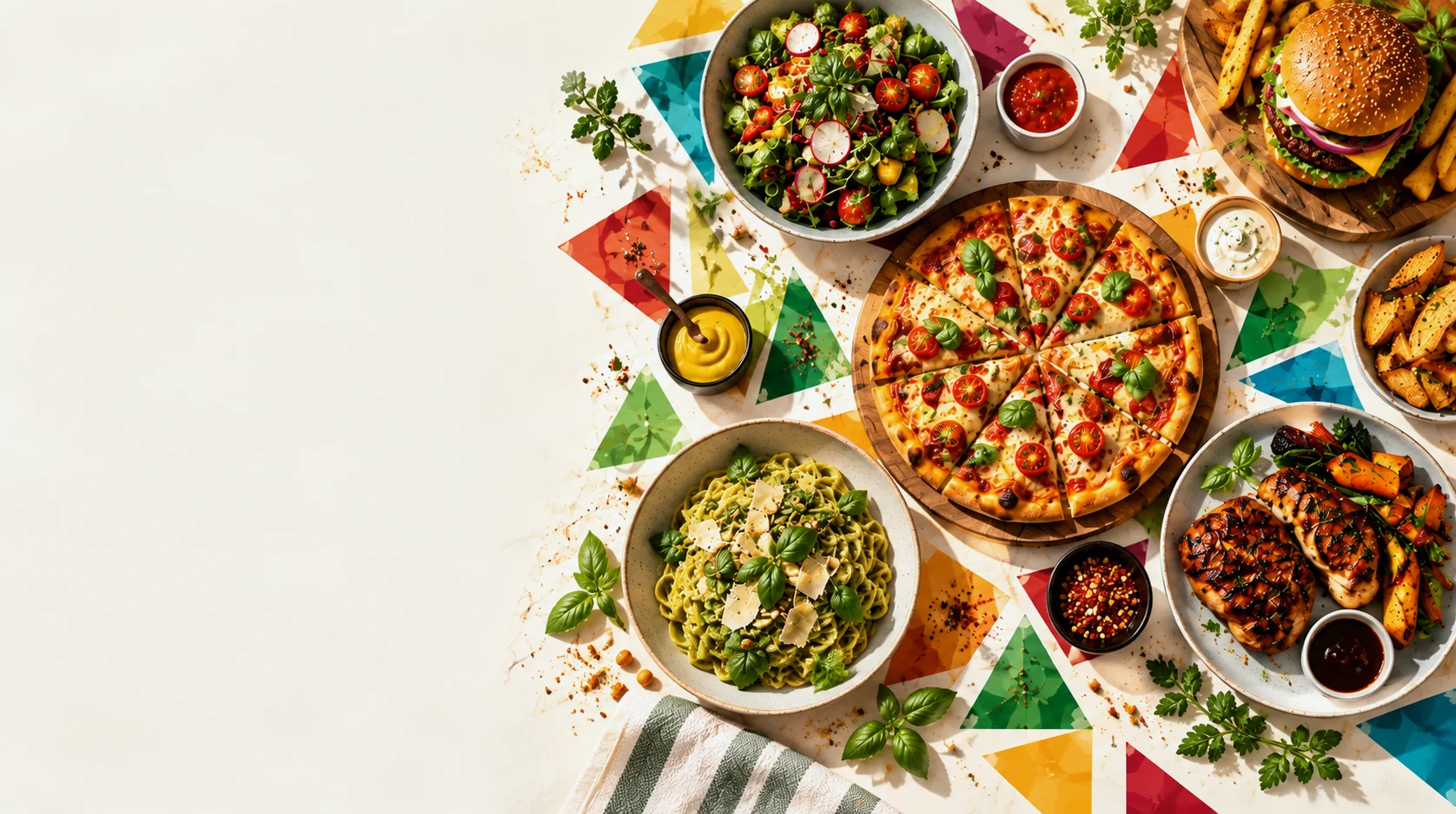 Pizza, pasta, salad, burger and grilled dishes arranged with colourful facets