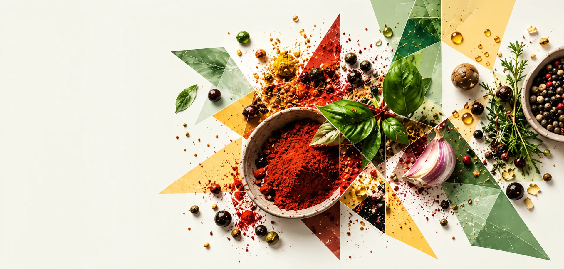 A bowl of red spice with basil, garlic and peppercorns in a faceted composition