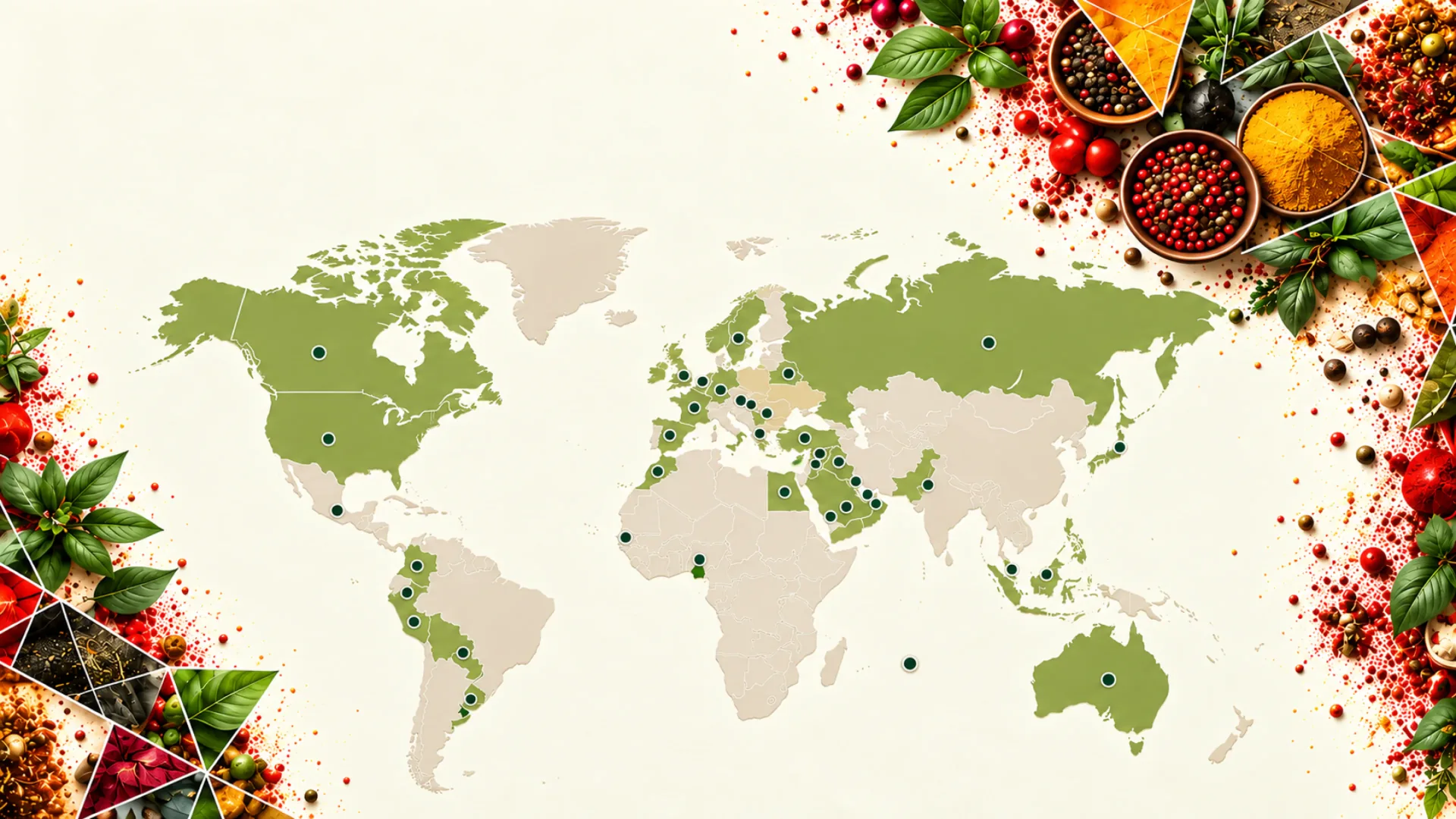 World map with Chef Seasons’ markets highlighted across the Americas, Europe, the Middle East, Africa, Asia and Australia, framed by herbs and spices