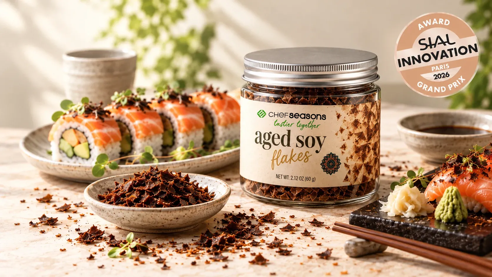 Chef Seasons Aged Soy Flakes with sushi, with the SIAL Innovation Paris 2026 Grand Prix award