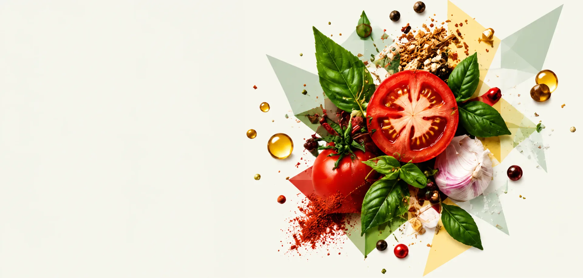 Tomato, garlic, basil and spices in a faceted composition