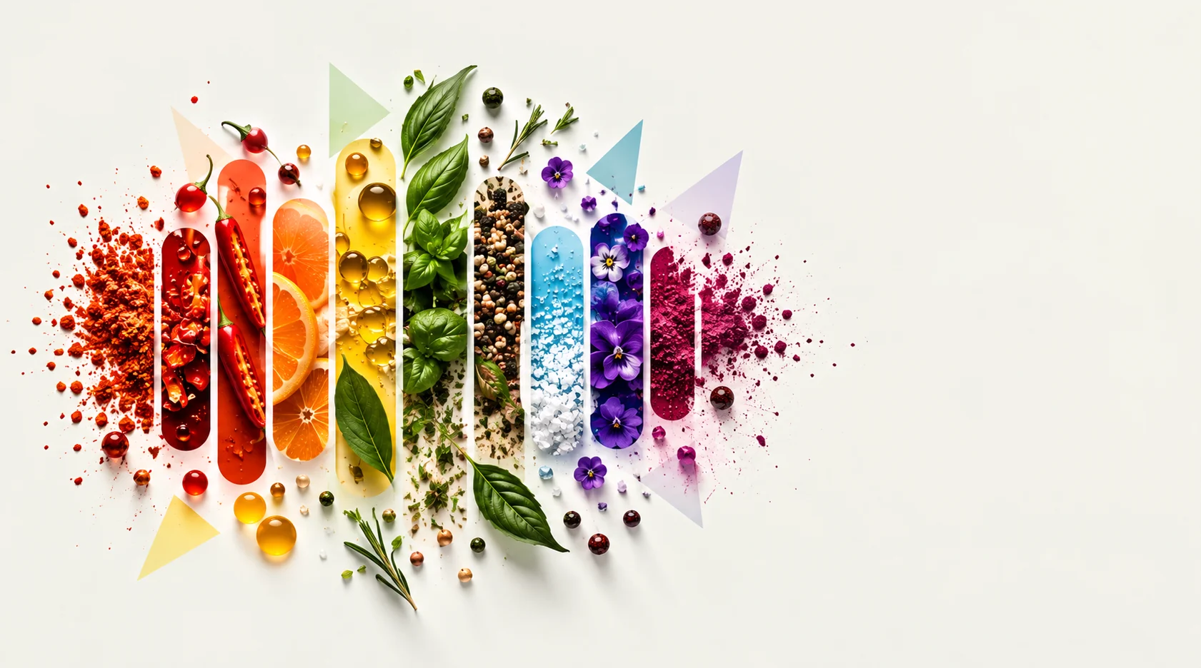 Colourful vials of spices, herbs, citrus and salts arranged as a flavor spectrum