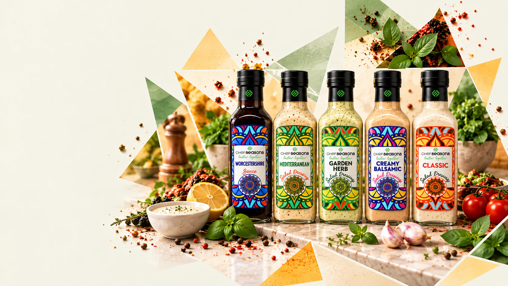 Chef Seasons dressing bottles with a faceted spice and herb composition