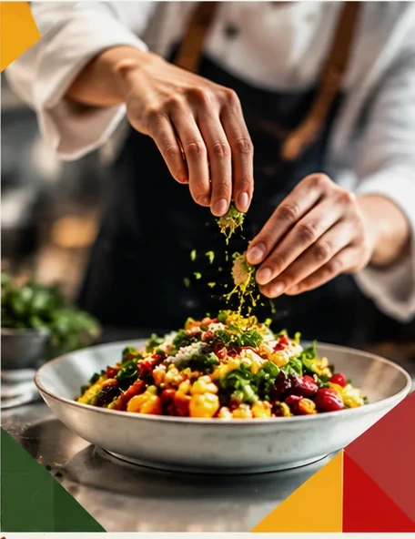 A chef finishing a salad with fresh herbs