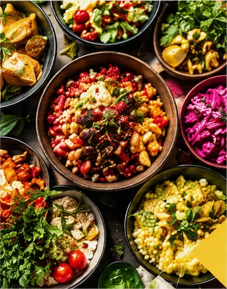 A table of colourful dishes seen from above