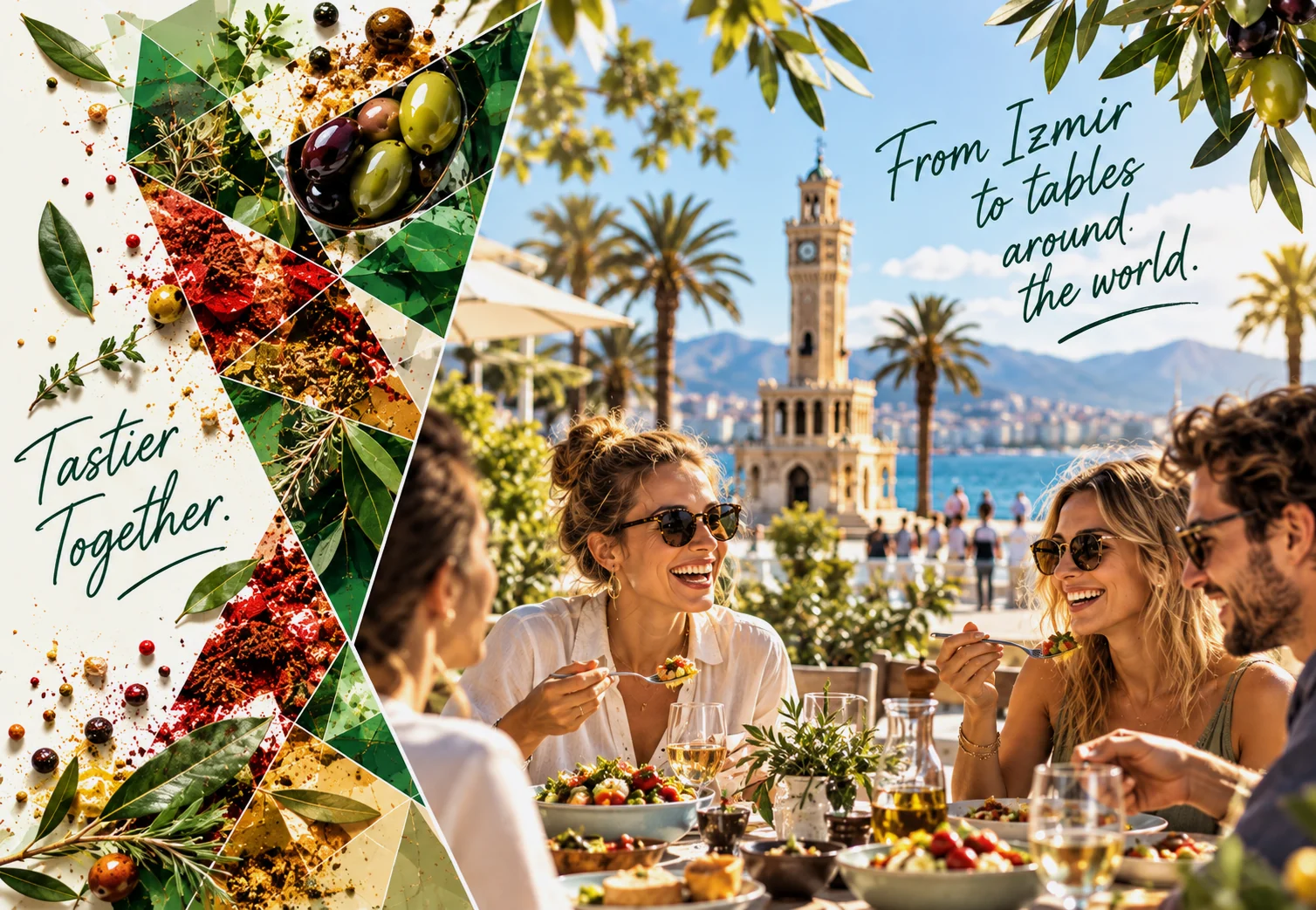 Friends sharing a meal by the sea in İzmir, framed by olives, spices and herbs: from İzmir to tables around the world