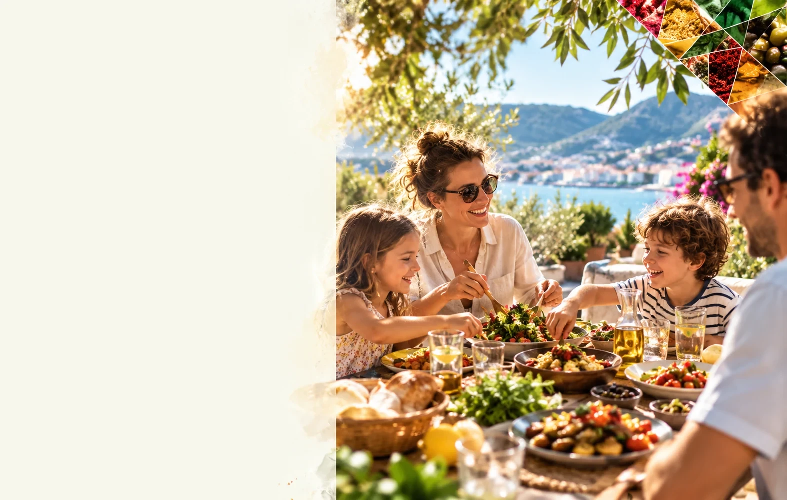 Family and friends sharing a table of food outdoors above the bay