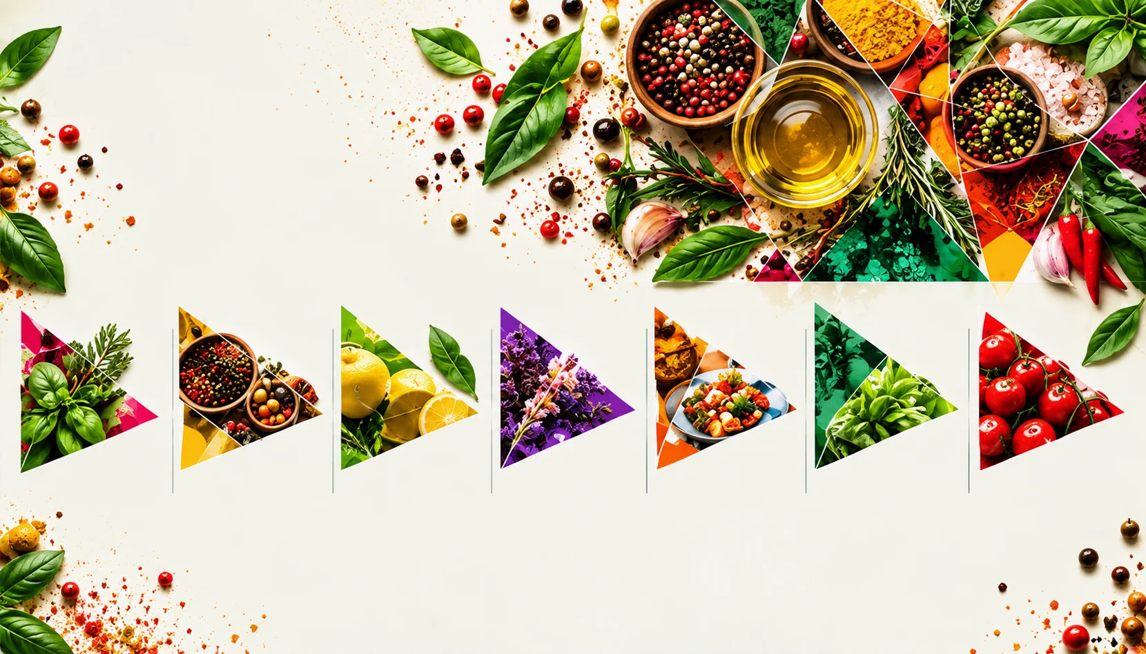 Seven faceted triangles of herbs, spices, fruit and tomatoes, one for each Chef Seasons value