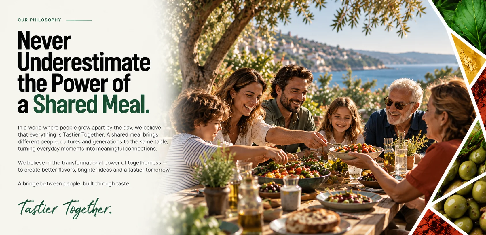 A family and friends sharing a meal at an outdoor table by the sea