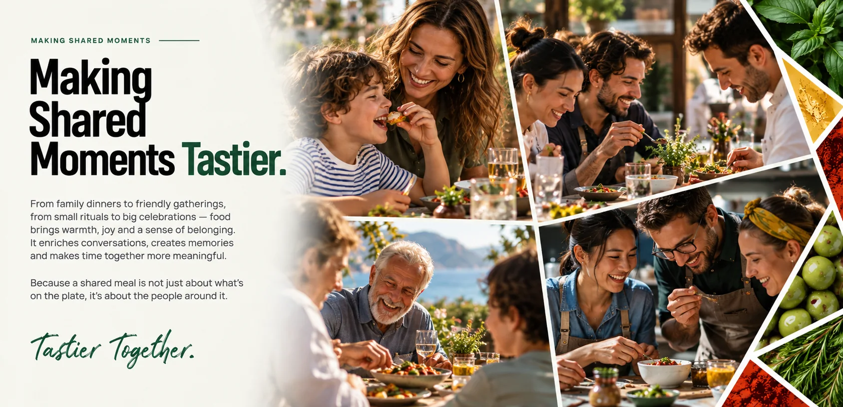 Friends and family laughing and eating together at gatherings