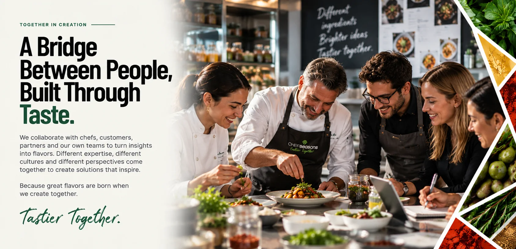 A chef and colleagues plating a dish together in a kitchen