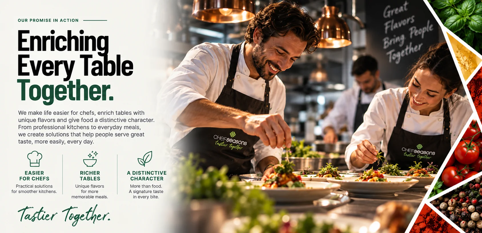 Two chefs plating dishes in a professional kitchen