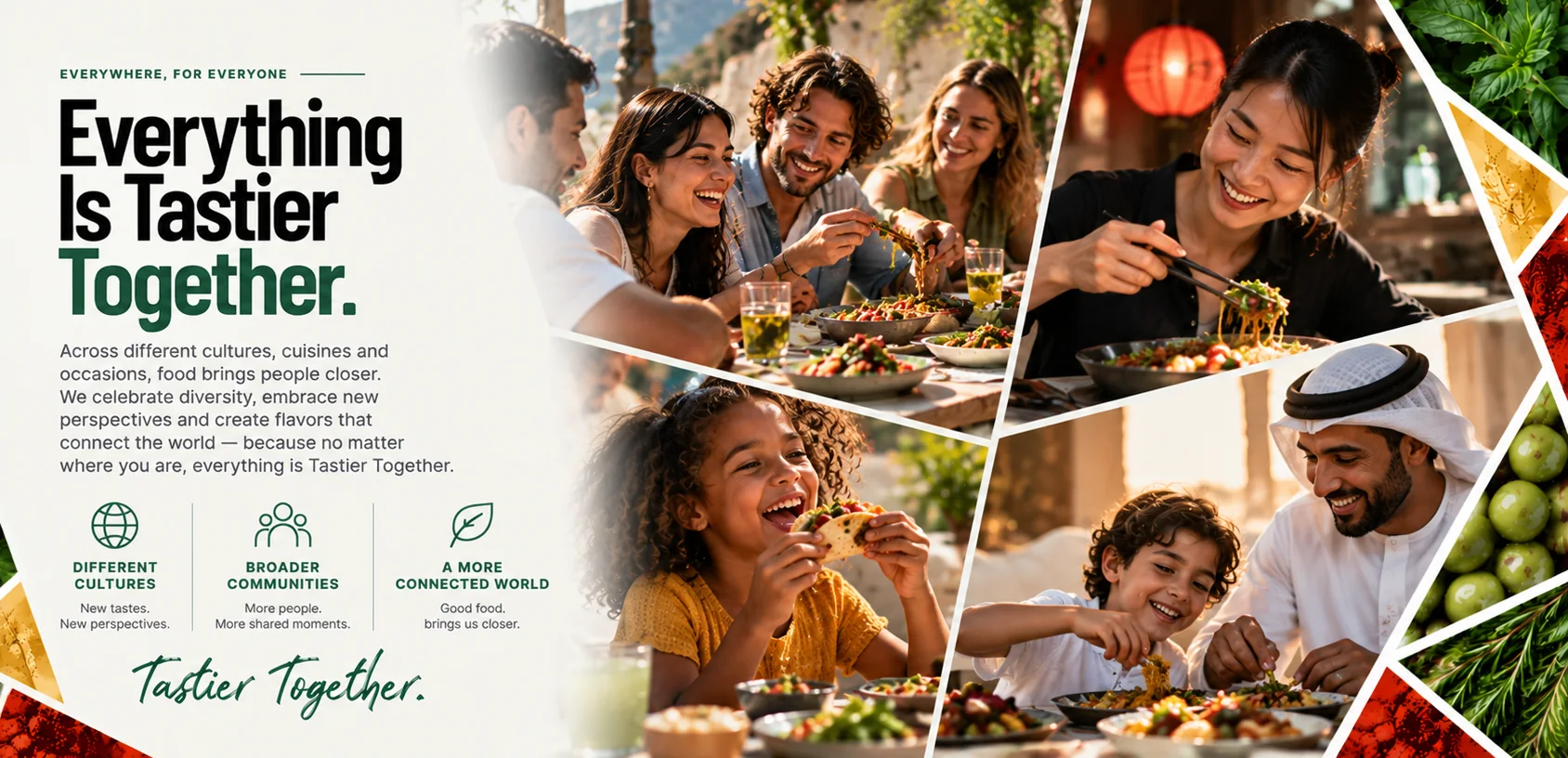 People of many cultures sharing food at tables around the world