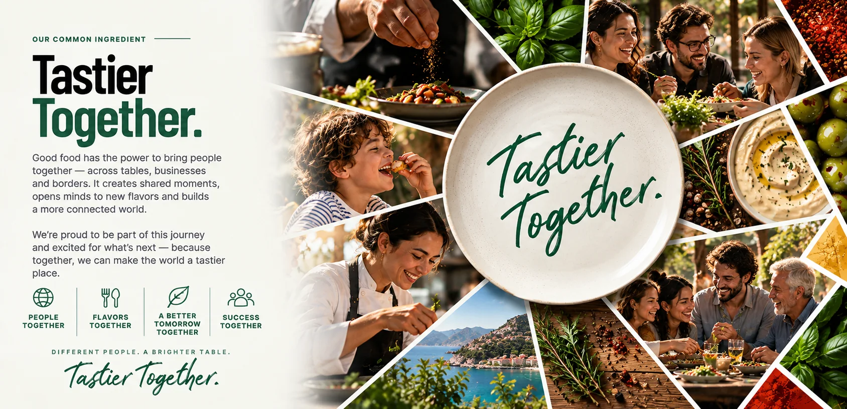 A plate marked Tastier Together surrounded by cooks, families and friends sharing food