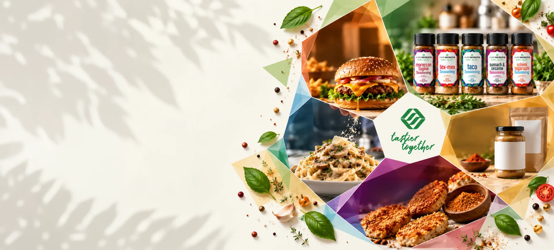 Chef Seasons seasonings, burgers, pasta and private label packs arranged in colourful facets around the Tastier Together seal