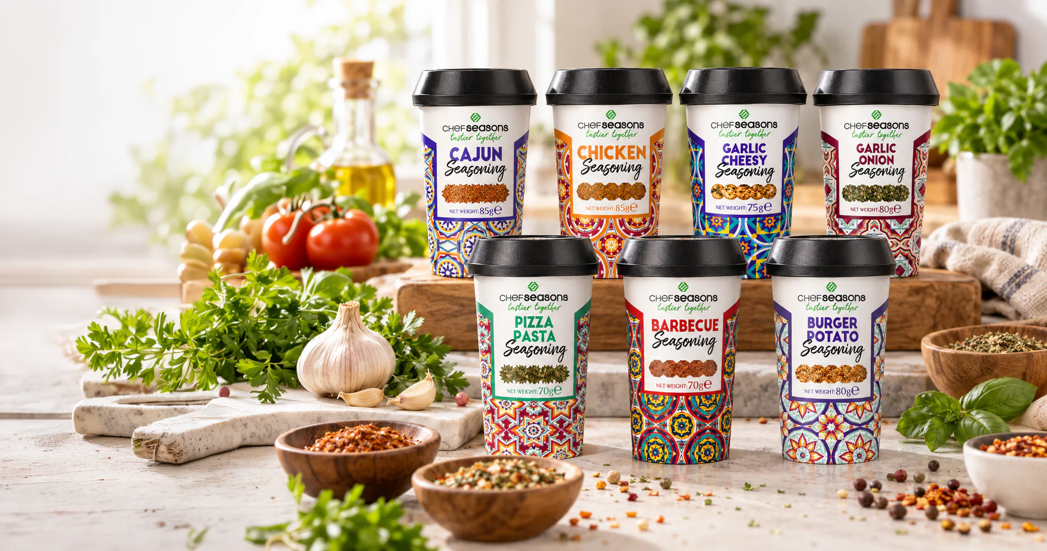 Chef Seasons seasoning range with herbs, spices and vegetables